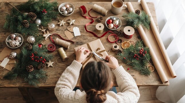 Overhead view of person wrapping a Christmas gift with festive decorations and pine branches on a wooden table