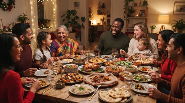 Multi-generational diverse family enjoying a festive holiday feast together around a wooden table laden with food