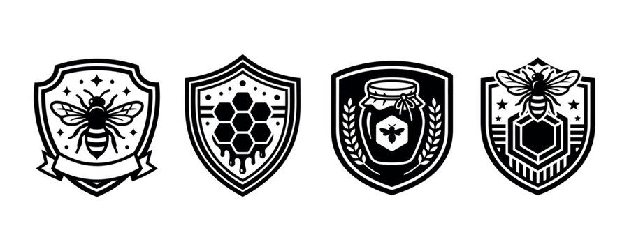 Honeycomb and bee emblems black vector illustration set on white background