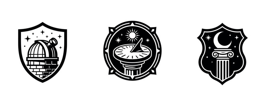 Astronomy themed heraldic shields with observatory sundial and crescent moon designs