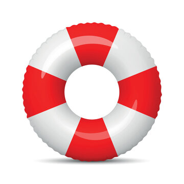 Swim Ring, 3d Vector Illustration. Inflatable Swim Ring, Front View. White Red Pool Float and Lifebuoy Ring for Beach, Pool Party, Summer Vacation, Water Safety, Swimming Design