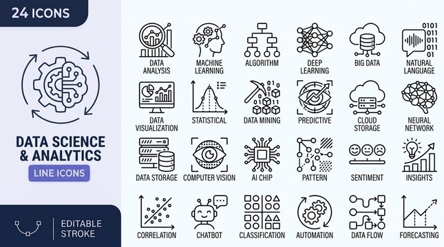 A collection of 24 vector line icons representing data science, analytics, machine learning, artificial intelligence, and big data concepts.
