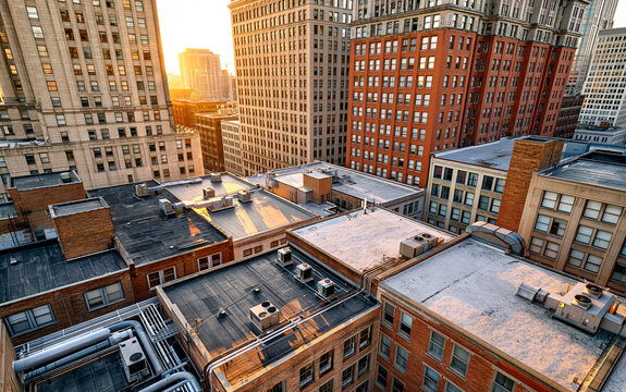 Aerial view of urban rooftops with varied architectural styles and mechanical equipment under bright sunlight
