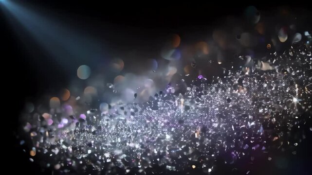 Silver glitter particles swirling in slow motion against a dark background with shimmering metallic reflections and elegant bokeh