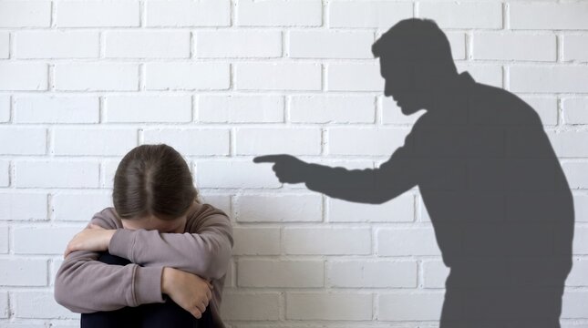 Sad Young Girl Crying While Male Shadow Points Accusingly On White Brick Wall, Representing Child Abuse And Domestic Violence