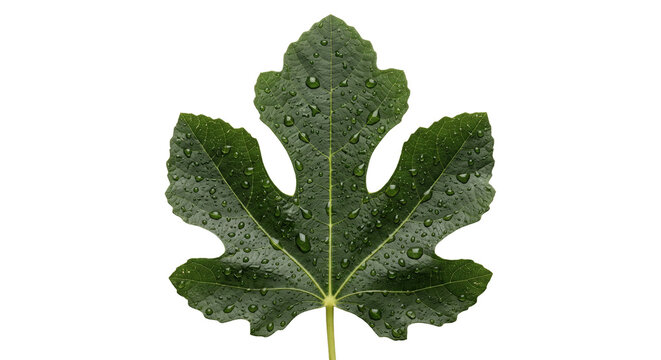 Fresh fig leaf covered in water droplets, isolated botanical cutout with detailed green veins