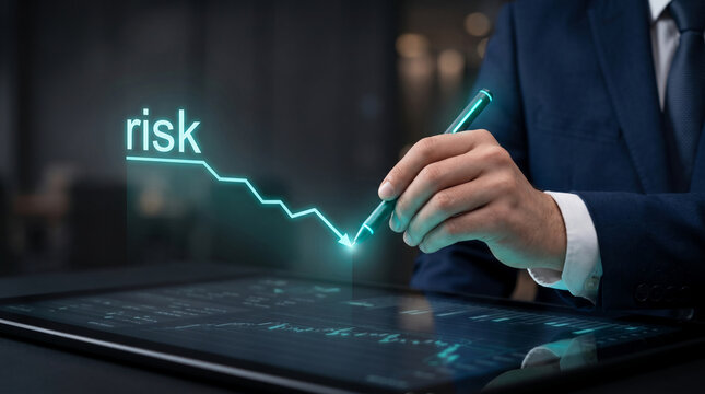 A businessman interacting with a digital graph showing a decline, symbolizing risk reduction and financial strategy.