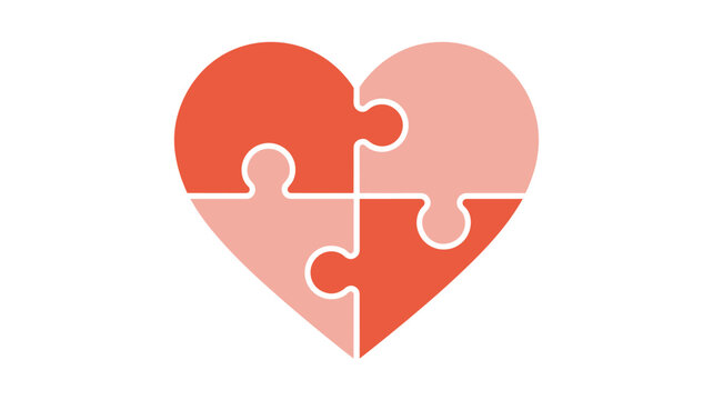 A flat design heart shape formed from four interlocking jigsaw puzzle pieces in various shades of red and pink colors