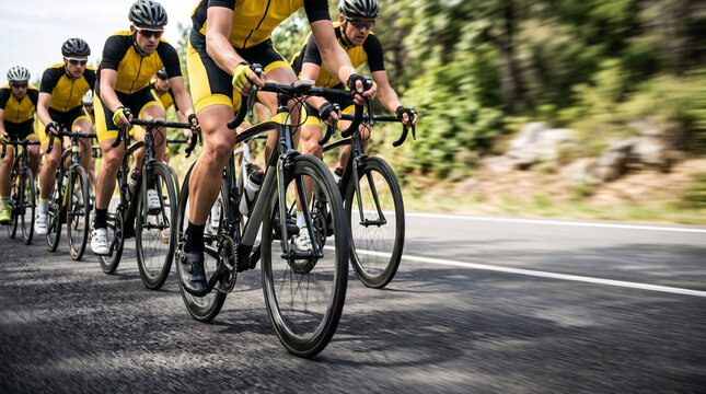 Professional cyclists compete in a fast-paced race on a paved road through a scenic forest, showcasing teamwork and endurance for sports and achievement