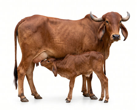 healthy indigenous gir cow nursing her young calf while standing on a white isolated background for dairy farming and cattle husbandry