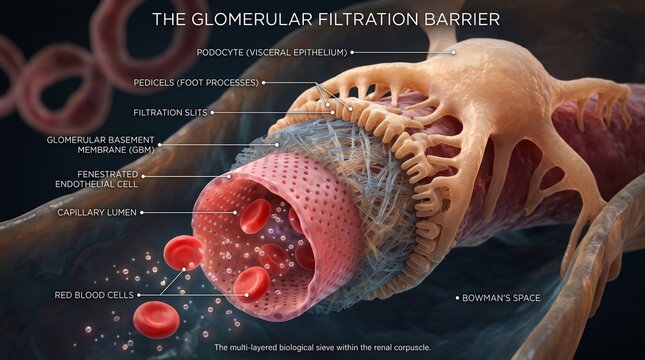 Glomerular filtration barrier anatomy showing podocytes and red blood cells in kidney