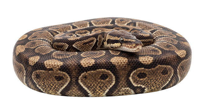 Coiled brown and tan ball python isolated with detailed scales and a distinctive patterned body