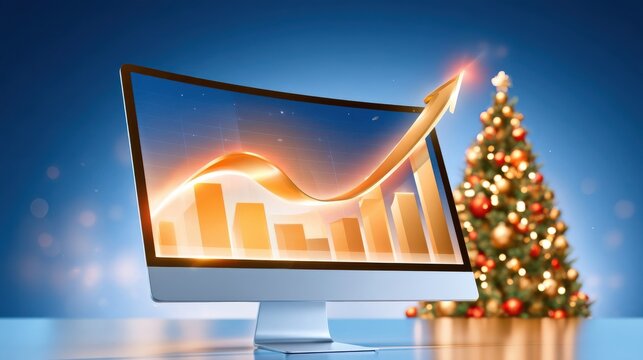 Curved monitor displaying glowing golden analytics dashboard with upward arrow and bar chart beside decorated Christmas tree