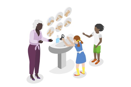 3D Isometric Flat Illustration of Washing Hands Teaching, Preventing Virus and Infection