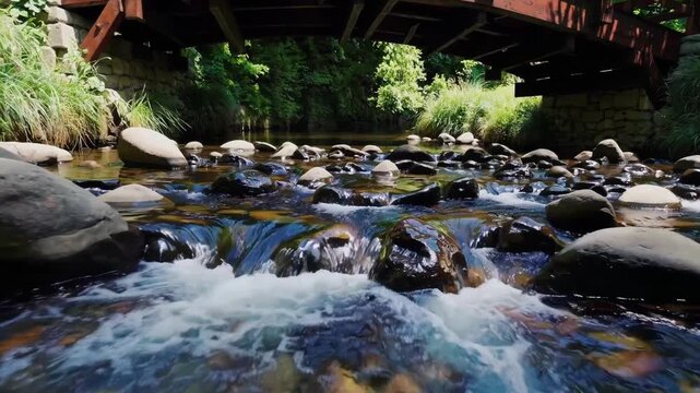 Clear stream water rushes over smooth river rocks beneath arched wooden footbridge. Lush green foliage surrounds calm nature setting while sunlight illuminates crystal brook during peaceful day.