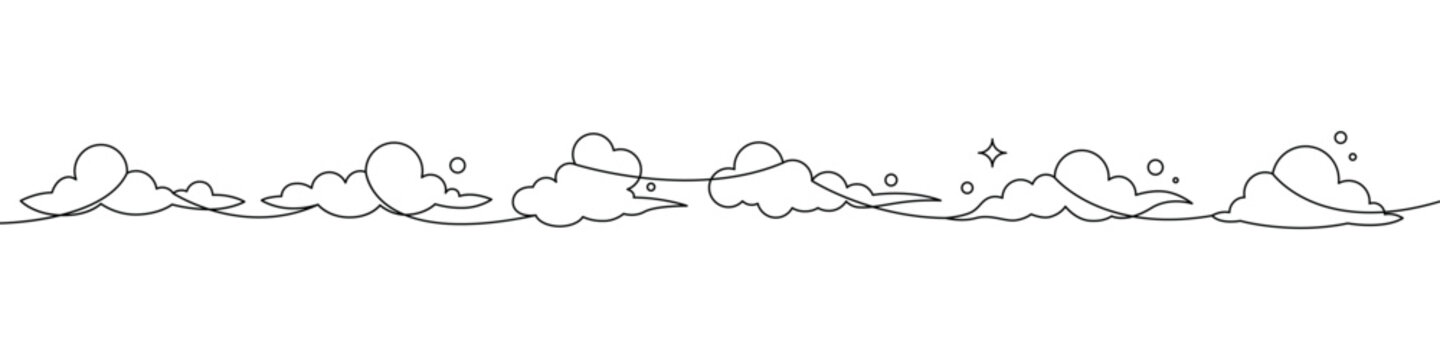 Long horizontal border of small cartoon clouds in black outline. Seamless style sky banner with rounded shapes and floating dots