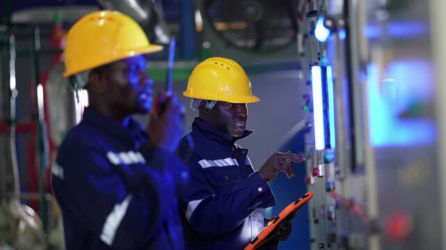 African engineer talks on a walkie talkie while his colleague holds a tablet and points at controls on a column panel in the dim compressor room during a maintenance round