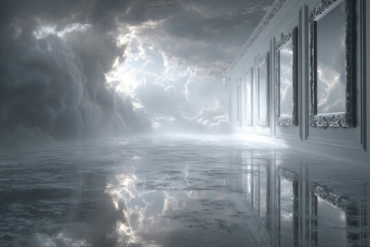 Dreamlike hallway of ornate mirrors and moody sky reflection. 