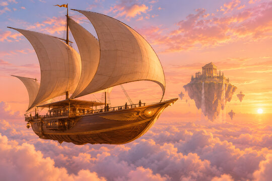 Egyptian Style Sky Ship With Curved Sails Floating Above Clouds At Sunrise