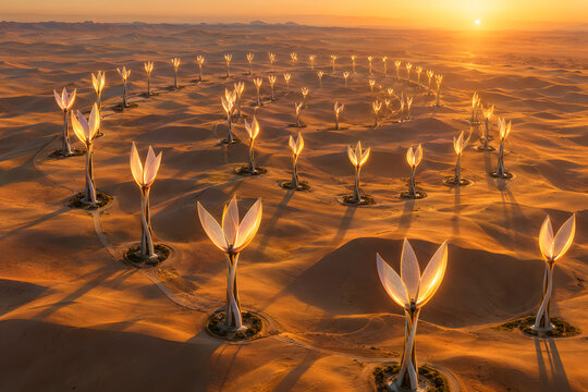 Lotus Shaped Wind Turbines Spiraling Across Desert Dunes At Golden Hour