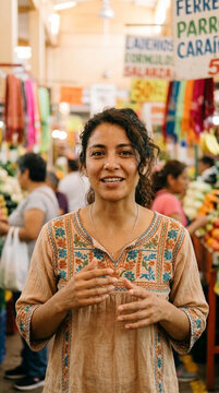 Smiling woman in traditional embroidered shirt at a vibrant market stall surrounded by fresh produce and people