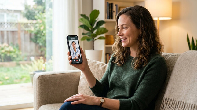 Smiling woman having a video call with doctor on smartphone remote healthcare consultation at home