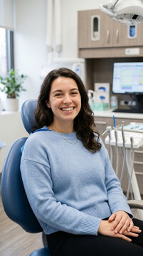 Smiling Woman Sitting in Dental Chair Healthy Teeth Dental Visit