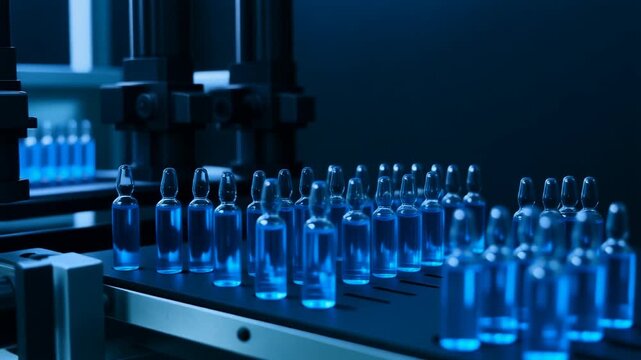 暗色の最新製造プラントで青いアンプル容器が幾何学的に配置される広角光景