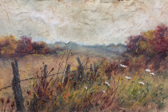 Impressionist style oil painting of flower meadow and rural landscape. Impasto painting. Brush strokes clearly visible