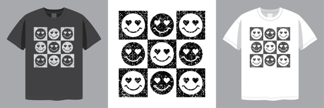 Smile Emoji. Checkered Design. Distressed Grunge Style. T-shirt design. Laser Engraving. Vector illustration.