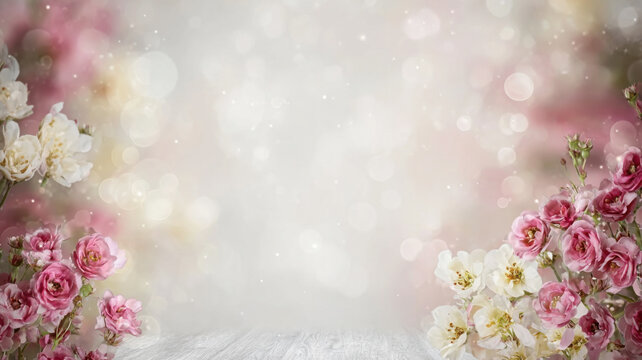 A soft and romantic floral studio backdrop, blooming pink and white flowers with a dreamy bokeh effect and ethereal lighting.