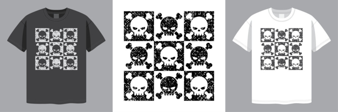 Funny Skulls Checkered Design. Distressed Grunge Style. T-shirt design. Laser Engraving. Vector illustration.