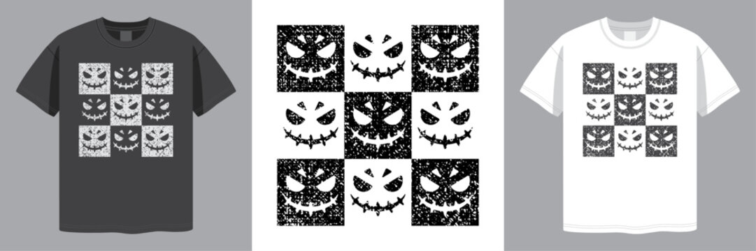 Funny Halloween Pumpkin Faces. Checkered Design. Distressed Grunge Style. T-shirt design. Laser Engraving. Vector illustration.