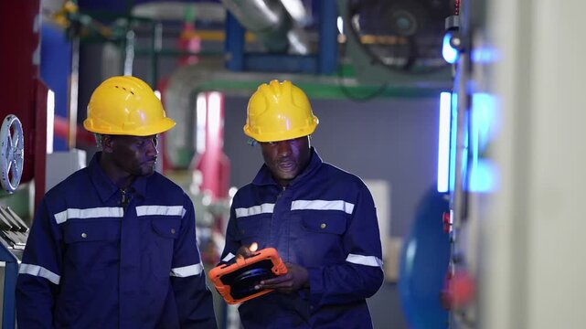Two African engineers in hard hats talk beside a control box in a refrigeration compressor room, one gesturing at the machine as the other carries an orange tablet