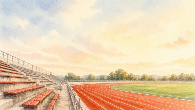 Watercolor stadium bleacher running track empty red sky, soft warm sunset light over grandstand seats and green grass field, painted sports arena illustration with large copy space