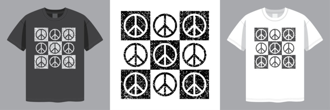 Peace Symbol Checkered Design. No War Concept. Distressed Grunge Style. T-shirt design. Laser Engraving. Vector illustration.