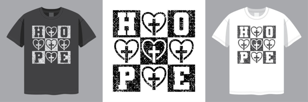 Hope. Christian Checkered Design. Religious Quote. Distressed Grunge Style. T-shirt design. Laser Engraving. Vector illustration.