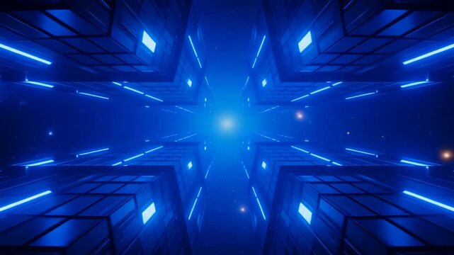 宇宙に浮かぶガラスの巨大構造体を見上げるSF映画のワンシーンのような壮大で未来的な空間