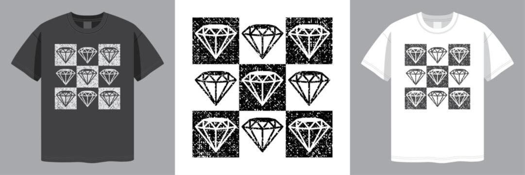 Diamond Gems Checkered Design. Diamond Jewel. Distressed Grunge Style. T-shirt design. Laser Engraving. Vector illustration.