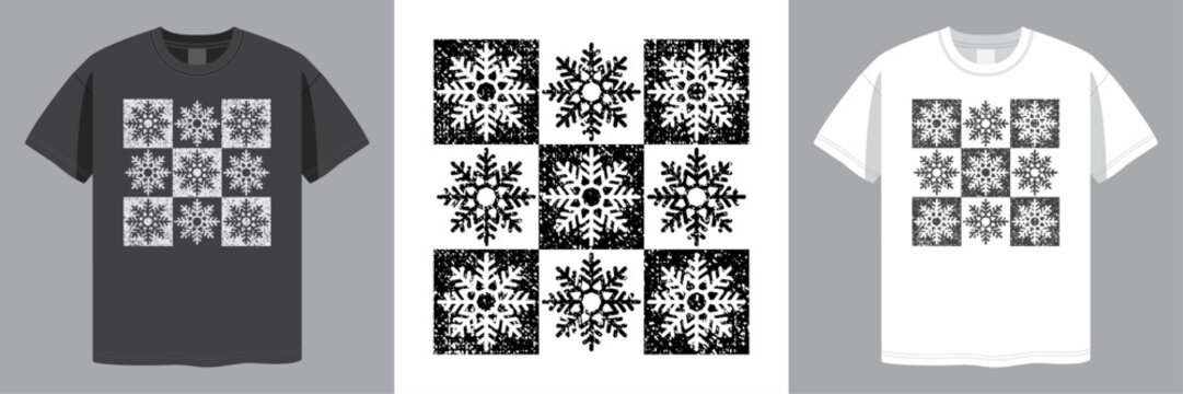 Christmas Snowflakes. Winter Checkered Design. Distressed Grunge Style. T-shirt design. Laser Engraving. Vector illustration.