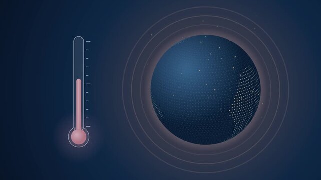 4K loop of a rotating dot matrix Earth heating from cool blue to hot red with a rising thermometer and heat waves. Global warming, climate change and rising temperature concept.