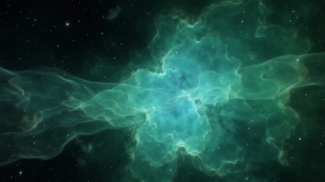 Vibrant green cosmic nebula glowing brightly amid deep dark interstellar space filled with countless twinkling distant stars