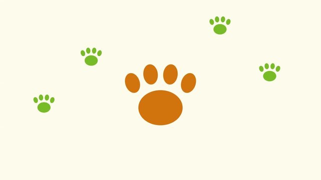 Animated paw print background, with floating animal, tracks for pet, care and veterinary, branding