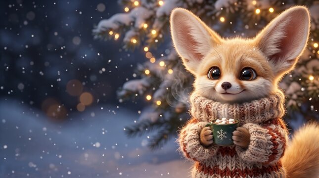 Cute winter woodland animal fennec fox drinking hot cocoa in cozy knit sweater outdoors by snowy pine trees for a warm festive holiday greeting card seasonal concept
