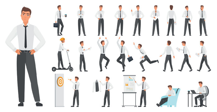 Business office employee character set with multiple standing, walking, presenting, working and relaxed poses, isolated on white background vector illustration