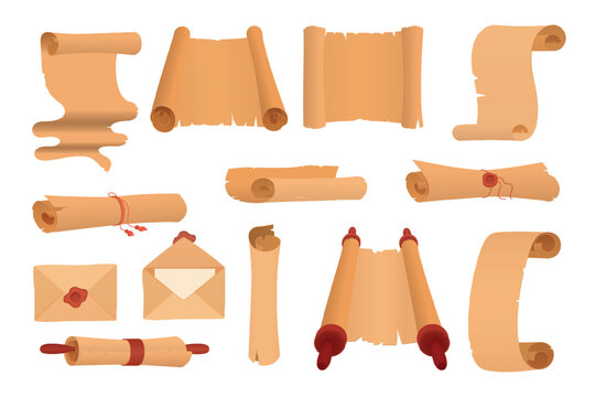 Collection of realistic old scrolls, parchment sheets, rolled manuscripts and sealed envelopes in vintage style, isolated on white background vector illustration