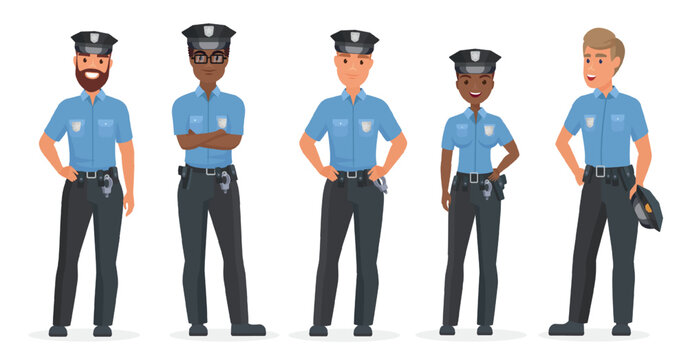 Group of male and female police officers in blue uniforms standing together, including black officers, law enforcement team isolated on white background vector illustration