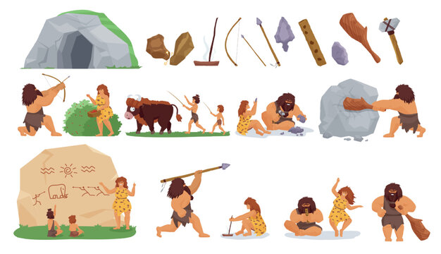Collection of primitive people, cave dwelling, hunting, stone carving, rock painting, ancient tools, cavemen, women in daily prehistoric scenes isolated on white vector illustration