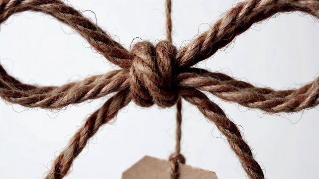 Macro Small Twine Bow Tied Neatly on String Gently Swaying Against White Background