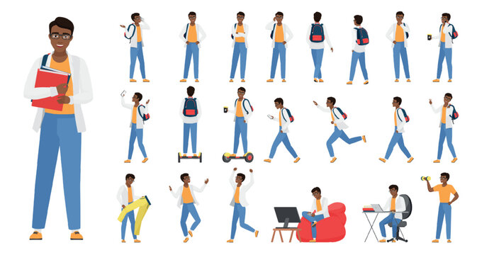 Black student character set showing walking, studying, dancing, exercising, commuting and working poses with backpack, books and laptop isolated on white background vector illustration